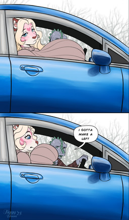 anthro big_breasts breast_squish breasts car clothing dialogue driving duo female hair heart_symbol huge_breasts humor inconvenient_breasts squish sweater text topwear touching_breasts vehicle tiggybloom kota_(iamunknown) marzipan_(tiggybloom) felid mammal pantherine tiger 2025 absurd_res comic english_text hi_res