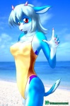 5_fingers anthro blue_body clothed clothing day female fingers gesture hair hand_gesture horn humanoid_hands inukai kemono long_ears nipple_outline one-piece_swimsuit outside raised_finger raised_index_finger red_eyes sand sky solo standing swimwear tail translucent translucent_clothing water white_body kemono_inukai antelope bovid gazelle mammal yuki_(disambiguation)