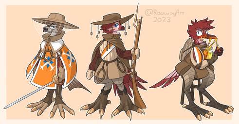 ambiguous_gender anthro bayonet cloak clothing food furniture gloves group gun handwear hat headgear headwear honey_(food) knife looking_at_viewer melee_weapon musket ranged_weapon sitting smile standing stool sword trio weapon roawayart beekeepers_(roawayart) avian 2023 hi_res
