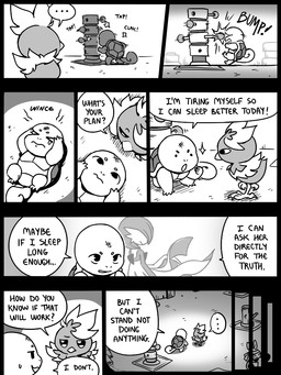 8_panel_comic accessory ambiguous_gender beak biped black_eyes black_text bodily_fluids closed_smile dialogue dot_eyes ellipsis exclamation_point eyebrows eyes_closed feet feral group hand_on_head headband looking_at_another lying motion_lines mouth_closed on_back on_ground open_mouth open_smile pupils question_mark shell simple_eyes smile sound_effects speech_bubble standing sweat sweatdrop tail talking_to_another talons tears text toes trio white_pupils white_sclera wounded flavia-elric nintendo pokemon pokemon_mystery_dungeon spike_chunsoft bayani_(yapc) reina_(yapc) gardevoir generation_1_pokemon generation_3_pokemon humanoid makuhita pokemon_(species) squirtle torchic 2025 3:4 comic english_text monochrome