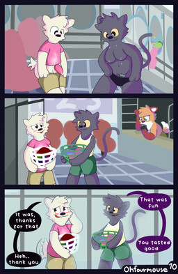 anthro appliance balls blush bottomwear clothed clothing cum_on_shirt dialogue duo electronics embarrassed female genitals laundromat laundry_basket laundry_machine leaving male male/female outside panties penis phone putting_on_clothes shorts tail tail_motion tailwag text topless underwear ohfourmouse canid canine canis domestic_cat domestic_dog felid feline felis fox mammal comic english_text hi_res