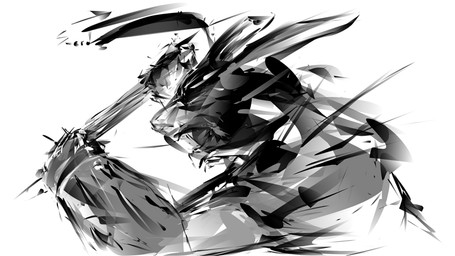 ambiguous_gender anthro holding_object looking_aside open_mouth pose side_view simple_background solo white_background deriaz guild_wars charr felid mammal 16:9 2014 digital_drawing_(artwork) digital_media_(artwork) greyscale half-length_portrait monochrome portrait sketch widescreen