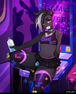 anthro arcade arcade_machine blue_clothing blue_underwear bottle bottomwear bulge bulge_under_clothes clothing collar container crop_top eyebrows eyelashes feet femboy fur glistening glistening_eyes hair legwear male miniskirt multicolored_body multicolored_fur multicolored_hair nails navel nipple_outline nipples paws pink_eyes shadow shirt short_ears silhouette sitting skirt slim smile smiling_at_viewer thick_thighs thigh_highs toes topwear underwear ziffir bandai_namco pac-man_(series) tetris bjorn_(glazie) bear mammal hi_res