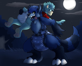 anthro captured carrying_another claws clean_diaper clothed clothing diaper duo feet grass male moon night open_mouth pawpads plant sky star teeth tongue tree wearing_diaper betabrothers mythology bear canid canine mammal mythological_canine mythological_creature werecanid werecanine werecreature werewolf