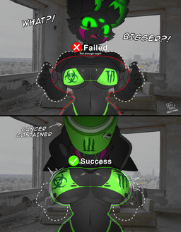 5_fingers anthro big_breasts biped black_body black_clothing black_ears black_eyes black_fur black_inner_ear_fluff breast_expansion breasts clothed clothed_anthro clothed_female clothing dialogue expansion female female_anthro fingers fur green_clothing green_inner_ear humanoid_hands inner_ear_fluff navel open_mouth solo standing text torn_clothing tuft under_boob verification arzy_parzy face_verification_meme monster_energy velvet_(arzyparzy) felid feline mammal absurd_res comic english_text hi_res