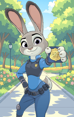 anthro belt bench clothed clothed_anthro clothed_female clothing day female front_view fur grey_body grey_fur hand_on_side looking_at_viewer multicolored_body multicolored_fur outside park park_bench plant police police_badge police_officer police_uniform pose purple_eyes shrub smile solo standing street_lamp tree two_tone_body two_tone_fur uniform kimkaidrawings disney zootopia judy_hopps european_rabbit lagomorph leporid mammal oryctolagus rabbit 2025 absurd_res digital_media_(artwork) hi_res portrait three-quarter_portrait