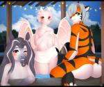 anthro big_butt black_hair blush butt detailed_background femboy fur green_eyes grey_body grey_fur grey_hair group hair looking_at_viewer male membrane_(anatomy) membranous_wings nude outside purple_eyes red_eyes sky smile tail towel towel_only water white_body white_fur white_hair wings weeniewonsh mythology eicha scyler thuban albino dragon equid equine felid horse mammal mythological_creature mythological_scalie pantherine scalie tiger 2018 digital_media_(artwork)