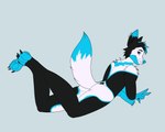 anthro bean black_body black_claws black_fur black_hair blue_body blue_eyes blue_fur blue_markings butt claws fur hair male markings multicolored_hair paws smile solo tail tail_tuft tuft white_body white_fur unknown_artist kowine canid canine canis mammal wolf 5:4