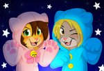 anthro blonde_hair blush brown_hair clothed clothing costume countershading daww duo female furry_wearing_fursuit fursuit green_eyes hair kigurumi looking_at_viewer night one_eye_closed onesie open_mouth simple_background star wink winking_at_viewer yellow_eyes young young_anthro piporete keiko_sakmat pursha_fluffmore cougar felid feline lion mammal pantherine absurd_res digital_media_(artwork) hi_res signature