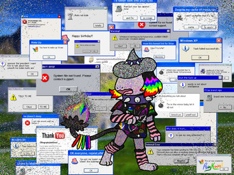 3_fingers 3_toes accessory anthro anthrofied arm_warmers armwear black_clothing black_shirt black_topwear clothing collar feet female fingers furgonomics glitch hair happy_birthday hat headgear headwear jewelry leg_warmers legwear lgbt_pride multicolored_hair nervous open_mouth paintbrush_tail pattern_arm_warmers pattern_armwear pattern_clothing pattern_leg_warmers pattern_legwear pokemorph pop-up pop-up_ads pride_colors rainbow_hair shirt solo sparklefur spiked_collar spikes striped_arm_warmers striped_armwear striped_clothing striped_leg_warmers striped_legwear stripes tail tail_accessory tail_jewelry text toes topwear webcore psykwol microsoft microsoft_windows nintendo pokemon windows_xp fan_character vivi_(psykwol) generation_2_pokemon pokemon_(species) smeargle 4:3 english_text