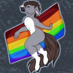 anthro belly brown_eyes brown_hair flag flag_(object) fur grey_body grey_fur hair leg_markings lgbt_pride male markings nude pride_color_flag pride_colors rainbow_flag rainbow_pride_colors rainbow_pride_flag rainbow_symbol simple_background six-stripe_rainbow_pride_colors socks_(marking) solo thick_thighs white_belly white_markings brokenvocaloid dallas_prairiewind equid equine horse mammal 1:1 hi_res