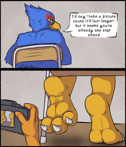 3_toes anthro beak blue_body blue_fur camera camera_view candid caught caught_in_the_act chair claws curling_toes dialogue duo feet foot_fetish foot_focus fur furniture green_eyes holding_camera holding_object looking_back looking_down low-angle_view male photo red_body red_fur smile sneaking sneaky soles speech_bubble taking_picture talons text toe_claws toes yellow_body kiwifizz nintendo star_fox falco_lombardi avian bird falcon falconid comic digital_media_(artwork) english_text hi_res
