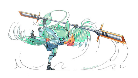 4_ears action_pose ambiguous_anthro ambiguous_gender anthro biped claws clothed clothed_ambiguous clothed_anthro clothing digitigrade feathers feet finger_claws fingerless_gloves fingers flexible footwear glistening glistening_eyes gloves green_body green_eyes green_feathers green_tail grey_sclera handwear holding_melee_weapon holding_object holding_polearm holding_weapon iris looking_at_viewer melee_weapon motion_lines multi_ear on_one_leg open_mouth polearm pose pupils simple_background snout solo standing tail text toe_claws toeless_footwear weapon white_background white_body white_feathers winged_arms wings harvie_sorroway_(artist) avali avian 16:9 2025 artist_name digital_drawing_(artwork) digital_media_(artwork) full-length_portrait hi_res portrait shaded widescreen