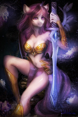 5_fingers anthro armor biped black_background breasts cave cleavage clothed clothing costume crystal dark female fingers gold_(metal) gold_armor hair holding_melee_weapon holding_object holding_sword holding_weapon horn inner_ear_fluff looking_at_viewer magic melee_weapon navel pink_body pink_eyes pink_hair purple_eyes simple_background sitting skimpy smile solo sword tan_body tuft unconvincing_armor weapon wings conditional_dnp sadbitch hasbro my_little_pony equid equine horse mammal pony 2018 hi_res signature