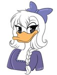 1700s_clothing accessory anthro bow_ribbon braided_hair braided_ponytail clothing dress female french_clothing hair hair_accessory hair_bow hair_ribbon looking_at_viewer ponytail purple_clothing purple_dress ribbons solo kinkypeach disney ducktales ducktales_(2017) fan_character marguerite_mallory anatid anseriform avian bird duck