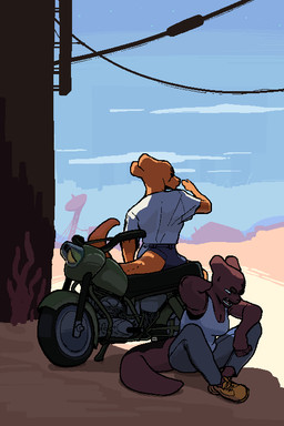 anthro big_tail bodily_fluids boots bottomwear breasts cleavage clothed clothing denim denim_bottomwear denim_clothing desert duo eye_scar facial_scar female footwear jeans mature_female motorcycle no_pupils pants scar shirt shoes shorts sitting sweat t-shirt tail tank_top topwear vehicle pashoo rain_world videocult artificer_(rain_world) hunter_(rain_world) slugcat 2:3 trans_(lore) trans_woman_(lore)