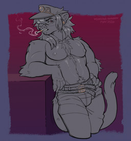 anthro belt bottomwear chest_tuft cigarette cigarette_in_mouth cigarette_smoke clothed clothing cosplay hand_on_hip male male_anthro nipples object_in_mouth pants pants_only pecs pink_background pubes purple_background simple_background smoke smoking smoking_cigarette solo standing topless tuft sinisterheaven felid mammal pantherine tiger hi_res trans_(lore) trans_man_(lore)