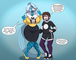 anthro big_breasts biped blue_body blue_fur body_swap bottomwear breasts brown_hair bulge choker clothed clothing dialogue duo elderly elderly_female eyelashes eyeshadow feathers feet_apart female female_anthro flats_(shoes) footwear fur grey_hair hair happy hoodie huge_breasts jewelry knock-kneed legwear lips long_eyelashes long_neck makeup male male_human mature_anthro mature_female nails necklace pants ring scared sharp_nails shocked shoes short_hair shorts simple_background skirt smile smirk smug speech_bubble tail text tights topwear wide_hips worried nullarisart nintendo pokemon altaria avian generation_3_pokemon human mammal pokemon_(species) 2025 absurd_res digital_media_(artwork) english_text hi_res