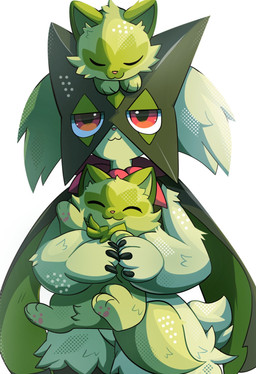 3_fingers :3 ambiguous_gender anthro arm_tuft biped cheek_tuft claws eyes_closed facial_tuft feral fingers fluffy fluffy_tail fur gesture green_body green_fur group happy hip_tuft lifting_another mask paws pink_nose quadruped red_eyes short_tail simple_background standing tail trio tuft waving white_background apolozorua nintendo pokemon generation_9_pokemon meowscarada pokemon_(species) sprigatito hi_res