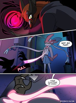 alley anthro arm_grab blue_eyes claws clothed clothing dialogue duo finger_claws male speech_bubble text tilde_after_text trash_can yellow_eyes odeko-yma nintendo pokemon pokemon_mystery_dungeon spike_chunsoft pix_(odeko-yma) eeveelution generation_6_pokemon generation_8_pokemon pokemon_(species) sylveon thievul 2026 absurd_res comic digital_media_(artwork) english_text hi_res signature