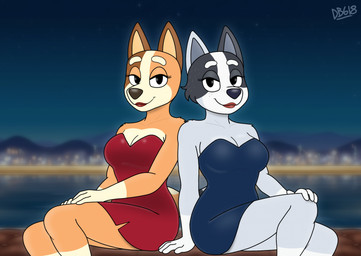 anthro bedroom_eyes breasts city city_background cityscape clothed clothing cocktail_dress dress duo female fur grey_body grey_fur lipstick makeup male male/female mature_female narrowed_eyes orange_body orange_fur red_lipstick seductive smile strapless_clothing strapless_dress tail dragonboy618 bluey_(series) chilli_heeler trixie_heeler australian_cattle_dog canid canine canis cattledog domestic_dog herding_dog mammal pastoral_dog digital_media_(artwork) hi_res signature mother_(lore) parent_(lore)