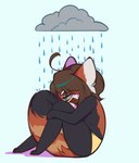 ahoge anthro biped blue_background brown_hair cloud feet green_eyes hair hindpaw paws raincloud raining sad simple_background sitting solo tail iivochka ailurid mammal red_panda 2022 digital_media_(artwork) hi_res