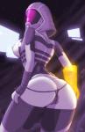 armor big_butt bottomwear bottomwear_down bottomwear_pull breasts butt butt_cleavage camel_toe clothed clothing clothing_pull female genital_outline genitals headgear helmet hood mask nipples not_furry omni-tool panties pants pants_down pants_pull partially_clothed plump_labia purple_body purple_clothing purple_panties purple_skin purple_underwear pussy pussy_outline side_boob solo standing thong underwear wide_hips fatelogic bioware electronic_arts mass_effect tali'zorah alien alien_humanoid humanoid quarian absurd_res hi_res