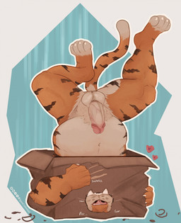 abstract_background anthro balls belly big_balls big_belly big_muscles big_penis bite blue_background bodily_fluids border box claws container erection fur genital_fluids genitals glans grey_border heart_symbol humanoid_genitalia humanoid_penis in_box in_container male musclegut muscular muscular_anthro muscular_male navel nude onomatopoeia penis precum pubes purring scratches scratching sharp_teeth simple_background solo sound_effects teeth text thick_thighs tuft upside_down vein whiskers spacecookiewolf if_it_fits_i_sits_(meme) felid mammal pantherine tiger 2026 english_text hi_res meme url