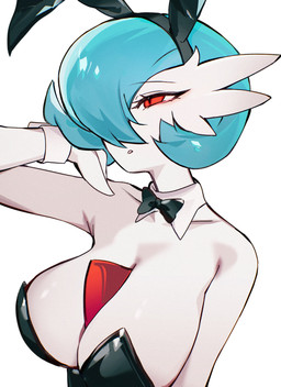big_breasts blue_hair breasts bunny_costume cleavage clothed clothing costume female female_humanoid hair red_eyes simple_background solo white_background white_body chunniwa nintendo pokemon gardevoir generation_3_pokemon humanoid pokemon_(species) shiny_pokemon absurd_res hi_res