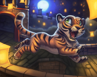 ambiguous_gender black_body black_fur chest_tuft chibi detailed_background feral fur happy jumping lamp lantern looking_at_viewer looking_up midair moon night open_mouth orange_body orange_fur outside paper_lantern realistic sky_lantern solo teeth tongue tuft whiskers white_body white_fur ifus felid mammal pantherine tiger 5:4 digital_media_(artwork)