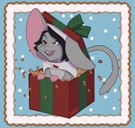 anthro black_hair blue_background box cloak clothing container fur gift gift_box gifting_self green_ribbon grey_body grey_ears grey_fur grey_tail hair happy heterochromia huge_ears male orange_eyes pink_hands pink_inner_ear red_box red_eyes red_gift simple_background smile solo tail white_cloak white_clothing narney nezy_(darkrat) mammal mouse murid murine rodent 2025 absurd_res hi_res male_(lore)