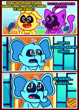 anthro blue_body group male purple_body references smile tail text trio yellow_body rocketlennon ice_age_4 mob_entertainment poppy_playtime smiling_critters bubba_bubbaphant catnap_(poppy_playtime) kickinchicken avian bird chicken domestic_cat elephant elephantid felid feline felis galliform mammal phasianid proboscidean absurd_res comic hi_res spanish_text