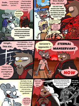 6_panel_comic anthro bone broken_horn brown_body brown_feathers cellphone chin_tuft clothing collared_shirt duo_focus electronics facial_tuft feathers fur grey_body grey_fur group holding_cellphone holding_object holding_phone holding_smartphone horn inner_monologue khaki_pants male open_mouth open_smile phone profanity robe shirt skeleton smartphone smile text thinking thought_bubble topwear tuft happyroadkill isaiah_the_mormon_mouse orin_owl animated_skeleton avian bird demon mammal mouse murid murine owl rodent undead absurd_res comic english_text hi_res