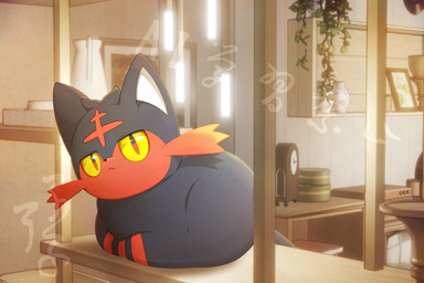 3d_background ambiguous_gender black_body black_fur feral fur head_tilt inside kemono loaf looking_at_viewer shelf solo yellow_eyes hirochanu nintendo pokemon generation_7_pokemon litten pokemon_(species) 2026 3:2 3d_(artwork) digital_media_(artwork) distracting_watermark hi_res mixed_media watermark