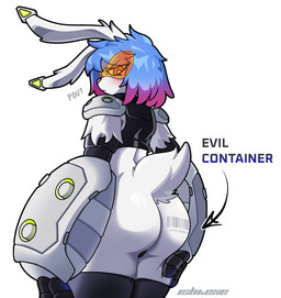 annoyed anthro armor barcode barcode_tattoo blue_hair body_writing butt clothing cybernetic_arm cybernetic_limb cybernetics eyewear fur glasses gloves goggles gradient_hair grey_inner_ear hair handwear looking_at_viewer looking_back machine male narrowed_eyes pouting raised_tail rear_view scut_tail short_tail shoulder_pads simple_background solo tail tattoo text white_background white_body white_ears white_fur writing_on_butt ishiexe evil_container r3-lay_(ishiexe) cyborg lagomorph leporid mammal rabbit english_text hi_res meme
