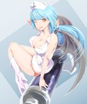 5:6 big_breasts blue_background blue_hair blush boots breasts castlevania cleavage clothed clothing colored_nails eyelashes female footwear grey_wings hair hand_behind_head headgear headwear hi_res high_heeled_boots high_heels humanoid konami kous long_hair looking_at_viewer membrane_(anatomy) membranous_wings nails nurse nurse_clothing nurse_headwear nurse_uniform nyx_(castlevania) one_eye_closed open_mouth open_smile orange_eyes panties panty_peek pink_nails shoes side-tie_panties simple_background sitting smile solo syringe tan_body tan_skin thick_thighs underwear uniform white_boots white_clothing white_footwear wide_hips winged_humanoid wings wink winking_at_viewer