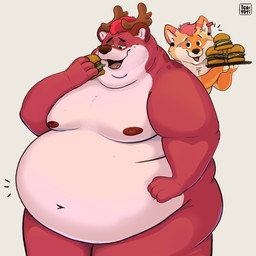 anthro belly belly_squish big_butt burger butt chubby_cheeks duo feederism food fupa gainer happy love male male/male nipples obese obese_male overweight overweight_anthro overweight_male slightly_chubby slightly_chubby_male squish t_cayoti roy_(t_cayoti) tharos_(t_cayoti) bear canid canine canis coyote deer hybrid mammal absurd_res comic hi_res