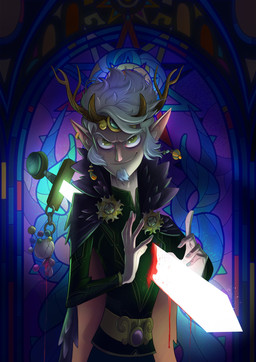 5_fingers abdominal_impalement arms_bent belt black_cape black_clothing blood bodily_fluids cape closed_smile clothed clothed_humanoid clothed_male clothing crown ear_piercing ear_ring facial_hair fingernails fingers furrowed_eyebrows goatee green_clothing green_eyes green_shirt green_topwear hair headgear humanoid_pointy_ears impalement inside keychain light male male_humanoid melee_weapon mouth_closed nails piercing pointy_ears pupils ring_piercing shirt slit_pupils smile solo stained_glass sword sword_through_chest tan_body tan_fingernails tan_nails tan_skin topwear voodoo voodoo_doll weapon white_facial_hair white_goatee white_hair yellow_belt fabio_pochet elf humanoid 2021 absurd_res colored digital_drawing_(artwork) digital_media_(artwork) english_description half-length_portrait hi_res lighting portrait shaded