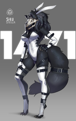 ankle_cuffs anthro armwear big_breasts black_body black_fur black_hair black_sclera bone breasts bunny_costume clothing costume cuff_(restraint) elbow_gloves fake_ears fake_rabbit_ears female fingerless_gloves fluffy fluffy_tail fur gloves hair handwear legwear leotard long_hair multicolored_armwear multicolored_clothing multicolored_elbow_gloves multicolored_gloves multicolored_handwear multicolored_legwear multicolored_leotard multicolored_thigh_highs restraints skull skull_head solo tail thigh_highs two_tone_armwear two_tone_clothing two_tone_elbow_gloves two_tone_gloves two_tone_handwear two_tone_legwear two_tone_leotard two_tone_thigh_highs white_eyes wrist_cuffs shu_stella scp_foundation scp-1471-a canid canine mammal skulldog_(species) 2025 absurd_res hi_res