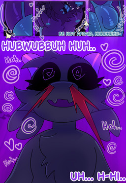 anthro aroused black_body black_fur black_sclera demonic dialogue fur horizontal_pupils horn markings pupils purple_eyes size_difference striped_markings stripes text halfpricesouls mocha_(halfpricesouls) bovid bovine caprine mammal sheep absurd_res comic english_text hi_res