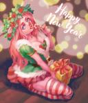 anthro biped candy candy_cane clothed clothing dessert female food holidays kneeling legwear looking_at_viewer solo text thigh_highs rairru christmas domestic_pig mammal suid suine sus_(pig) english_text hi_res