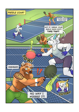 anthro border bottomwear bra clothing dialogue duo female male pickleball shorts sport sports_bra text underwear white_border orionmeles rich_the_otter canid canine fox mammal mustelid otter absurd_res comic english_text hi_res