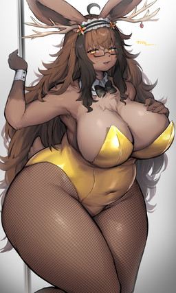 anthro antlers big_breasts breasts brown_body brown_fur clothed clothing curvy_figure eyewear female fur glasses horn huge_breasts kemono leotard looking_at_viewer open_mouth playboy_bunny pole simple_background slightly_chubby slightly_chubby_anthro slightly_chubby_female solo thick_thighs voluptuous white_background yellow_eyes suurin_2 mimel_einzest jackalope lagomorph leporid mammal rabbit 3:5 absurd_res digital_media_(artwork) hi_res