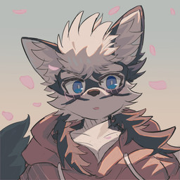 anthro black_body black_fur blue_eyes blush clothing fluffy fur hair hoodie long_hair male open_mouth petals pink_petals solo topwear white_body white_fur white_hair monogiuwu utau baion_urushi canid canine mammal 1:1 hi_res shaded