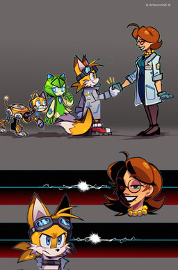 ahoge ambiguous_gender angry anthro blue_eyes brown_hair clothing eyewear eyewear_on_head female feral floating footwear gesture gloves glowing glowing_eyes goggles goggles_on_head grey_background hair handshake handwear high_heels legwear lips machine male pantyhose scientist shoes simple_background smile tail arsworlds sega sonic_the_hedgehog_(series) sonic_x cosmo_the_seedrian miles_prower domestic_cat felid feline felis human mammal robot hi_res