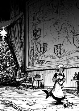 anthro broom christmas_tree cleaning_tool clothing curtains female gloves handwear holidays maid_uniform map plant solo sweeping tree uniform hladilnik christmas new_year lonely_shark_(hladilnik) aquatic fish shark 2023 greyscale hi_res monochrome