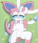 bodily_fluids duo female feral flower fur genitals grass grass_field heart_eyes heart_symbol male male/female penis pink_body pink_fur pink_tail plant pussy ribbons tail tears tears_of_pleasure white_body white_fur demmy nintendo pokemon eeveelution generation_4_pokemon generation_6_pokemon lucario pokemon_(species) sylveon absurd_res hi_res
