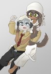 anthro brown_body brown_fur cuddling duo floppy_ears fur grey_body grey_fur hair hug kerchief male male/male necktie white_hair young young_anthro futatsuchi cyberconnect2 fuga:_melodies_of_steel little_tail_bronx britz_strudel jin_macchiato canid canine caninu canis dobermann domestic_dog mammal pinscher hi_res