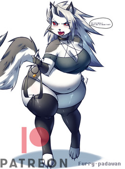 annoyed anthro belly big_breasts bikini blush breasts cheek_tuft claws cleavage clothed clothing collar crop_top facial_tuft fangs feet female fingerless_gloves frown fur gloves grey_body grey_fur grey_hair hair hand_on_hip handwear hindpaw holding_bikini holding_clothing holding_object holding_swimwear huge_hips leg_warmers legwear lidded_eyes long_hair multicolored_body multicolored_fur navel open_frown open_mouth overweight overweight_anthro overweight_female panties pantsless patreon_logo patreon_username paws pear-shaped_figure red_sclera shirt shy simple_background solo speech_bubble spiky_hair swimwear talking_to_viewer teeth text thick_thighs topwear tsundere tuft two-piece_swimsuit two_tone_body two_tone_fur underwear white_background white_body white_eyes white_fur wide_hips wolf_jedi65 hellaverse helluva_boss mythology patreon loona_(helluva_boss) canid canid_demon canine demon hellhound mammal mythological_canine mythological_creature 2026 absurd_res artist_name digital_media_(artwork) english_text full-length_portrait hi_res portrait signature watermark