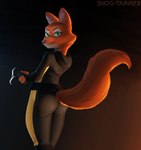 anthro belt black_clothing bodysuit butt clothed clothing female fur furry_tail grappling_hook green_eyes inner_ear_fluff orange_body simple_background skinsuit solo tail tight_clothing tuft conditional_dnp shido-tara dreamworks the_bad_guys diane_foxington canid canine fox mammal hi_res